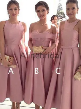 Dusty Rose Satin Mismatched Tea Length Elegant Bridesmaid Dresses, AB4071