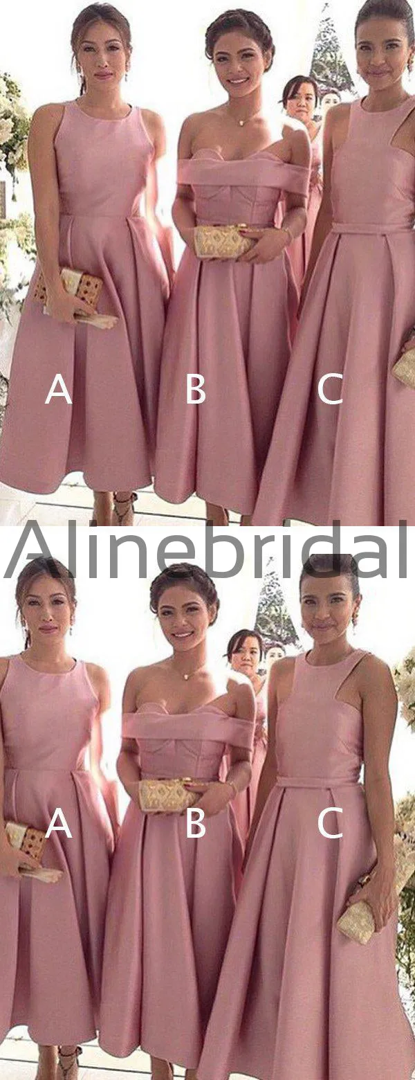 Dusty Rose Satin Mismatched Tea Length Elegant Bridesmaid Dresses, AB4071