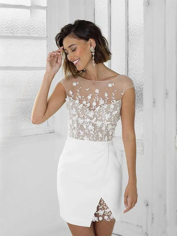 Elegant Cap Sleeves Applique Sheath White Homecoming Dresses Online, HD0607