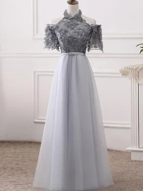 Elegant Halter Short Sleeve Grey Handmade Flower Top A-line  Prom Dresses,PD00073