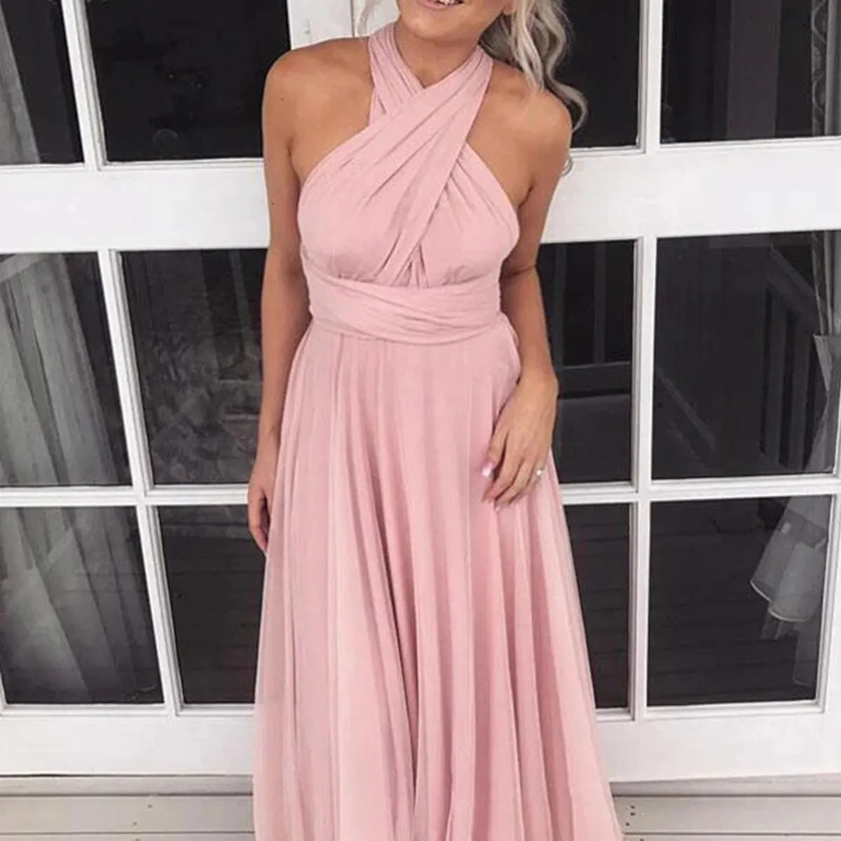 Elegant Halter Sleeveless A-line Chiffon Pink Bridesmaid Dresses, BG546