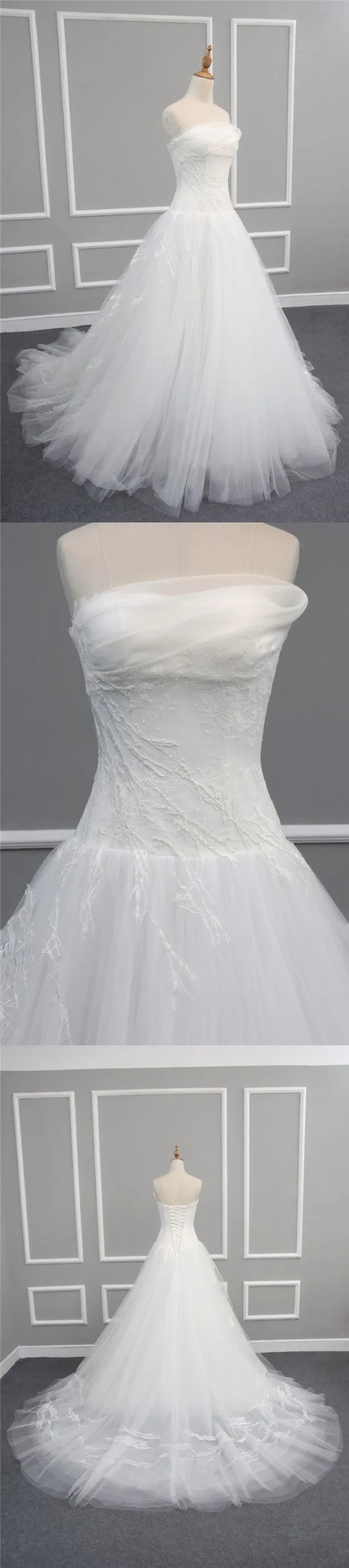 Elegant Simple Pleating Strapless Lace Appliques Long A-line Chapel Trailing Wedding Dress, AB1105