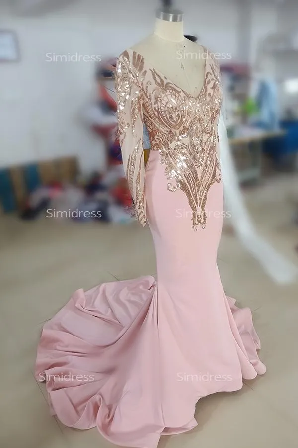 Fabulous Pink Long Sleeve Mermaid Sequins Prom Dresses with Sweep Train, SP455