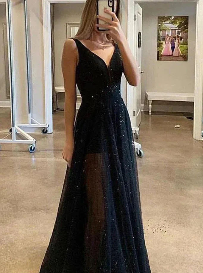 Fashion A-line V-neck Sparkly Sequins Black Long Prom Dresses