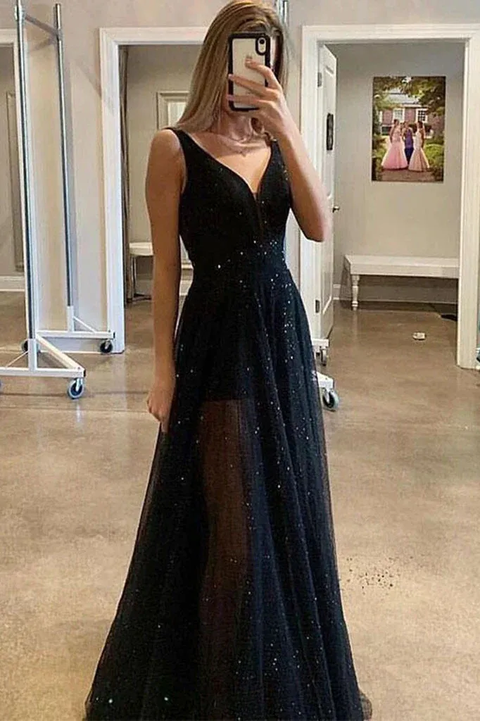 Fashion A-line V-neck Sparkly Sequins Black Long Prom Dresses