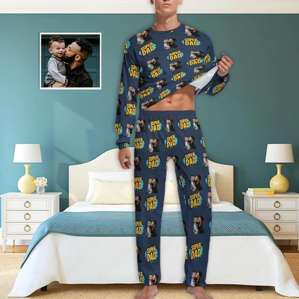 Father's Loungewear Custom Photo Super Dad Men's Pajamas Personalized Photo Pajama Set for Him