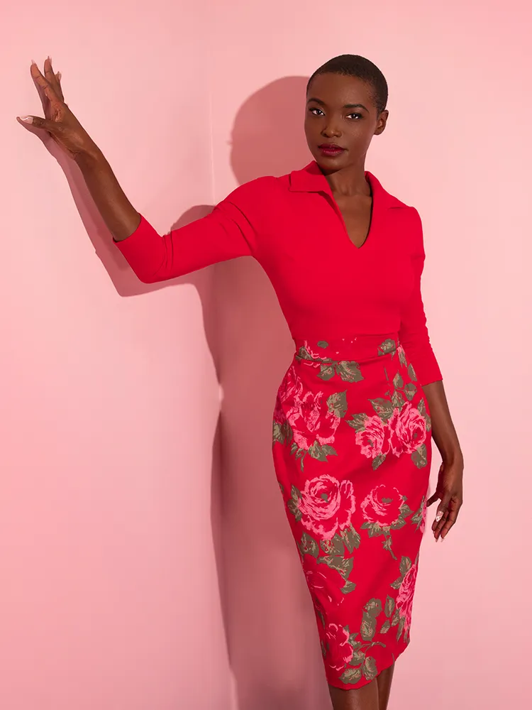 FINAL SALE - Vixen Pencil Skirt in Vintage Red Rose Print - Vixen by Michelin Pitt