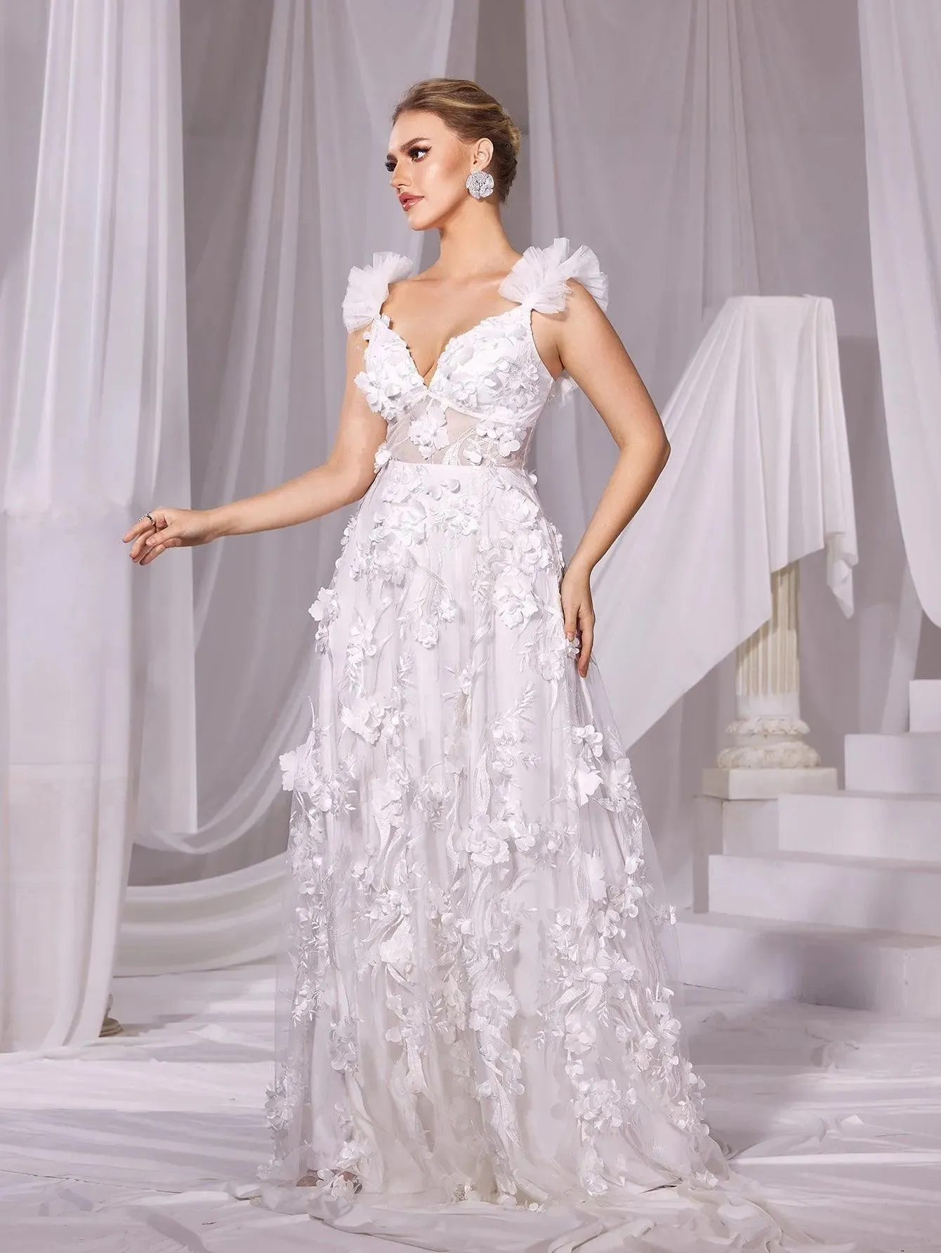 Floral Applique Plunging Neck Split Mesh Wedding Dress