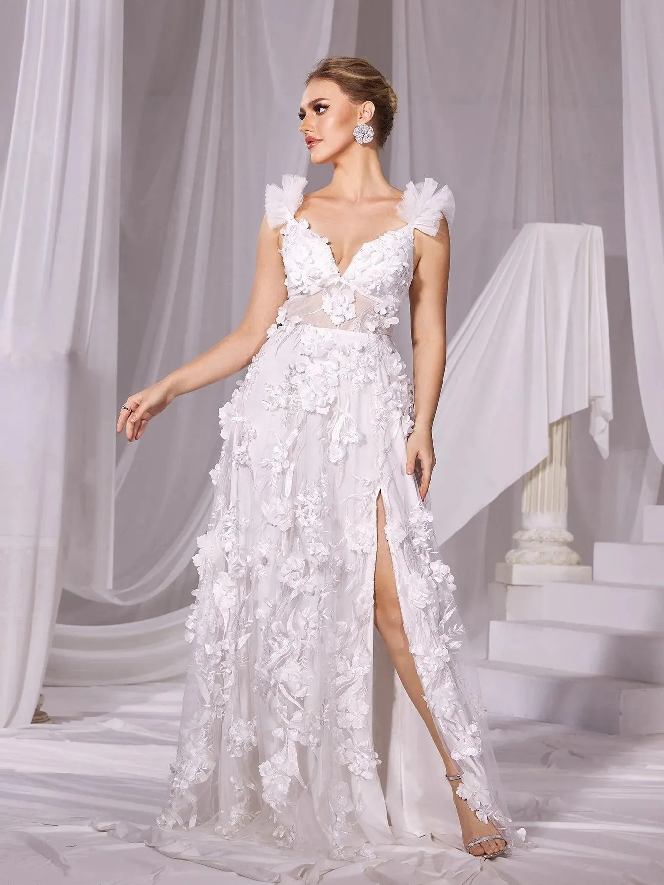 Floral Applique Plunging Neck Split Mesh Wedding Dress