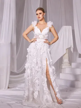 Floral Applique Plunging Neck Split Mesh Wedding Dress