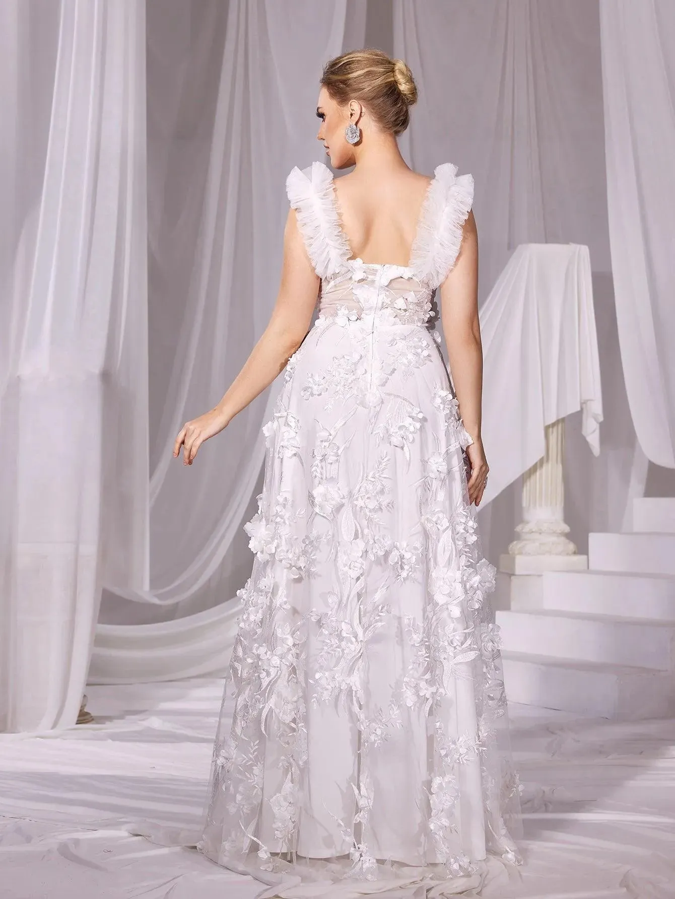 Floral Applique Plunging Neck Split Mesh Wedding Dress