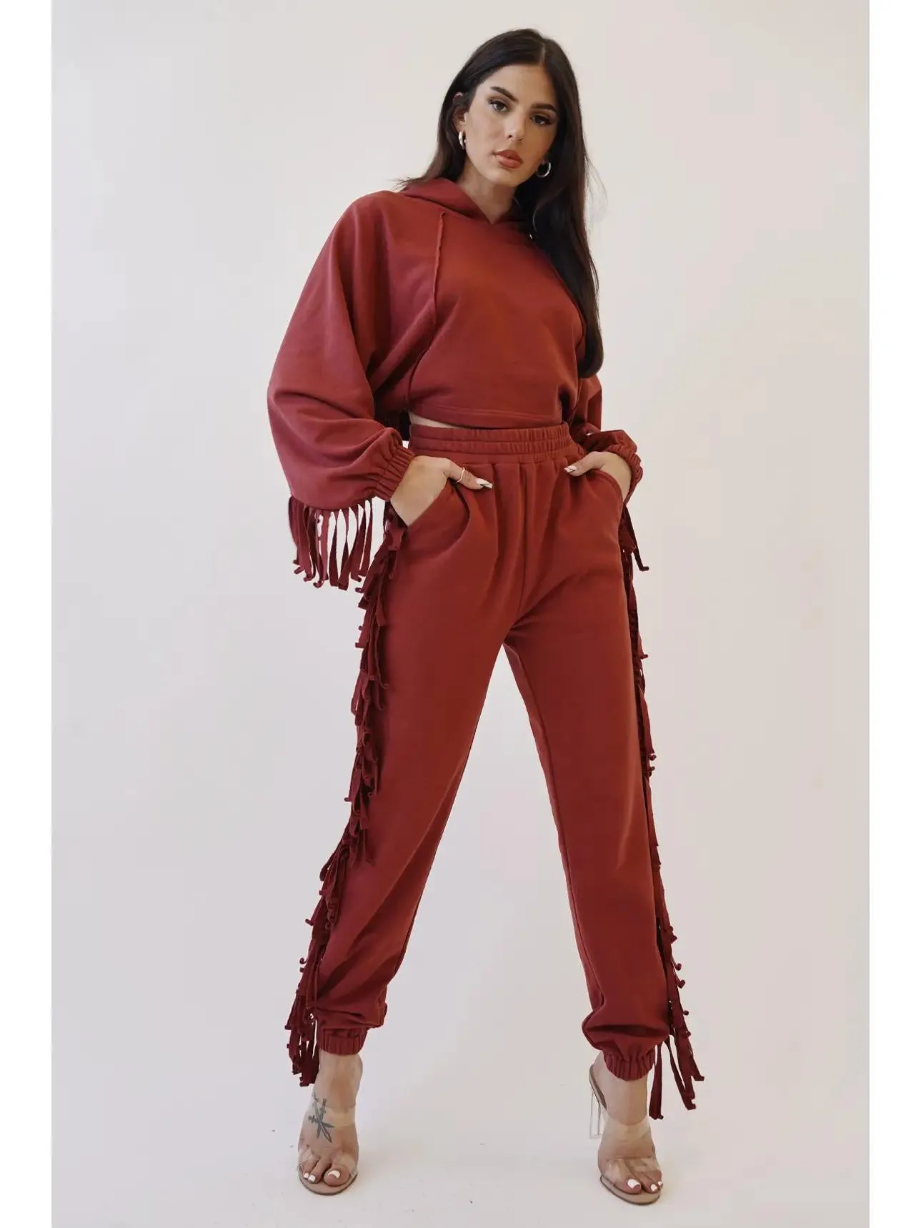 French Terry Fringe Detail Hoodie Top and Jogger Pants Set