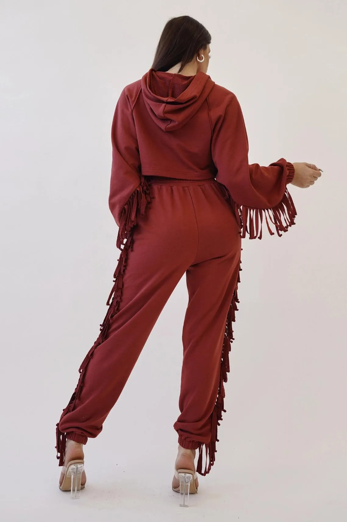 French Terry Fringe Detail Hoodie Top and Jogger Pants Set