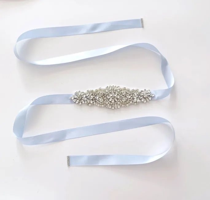 Girls Diamante Sash Belt - Light Blue