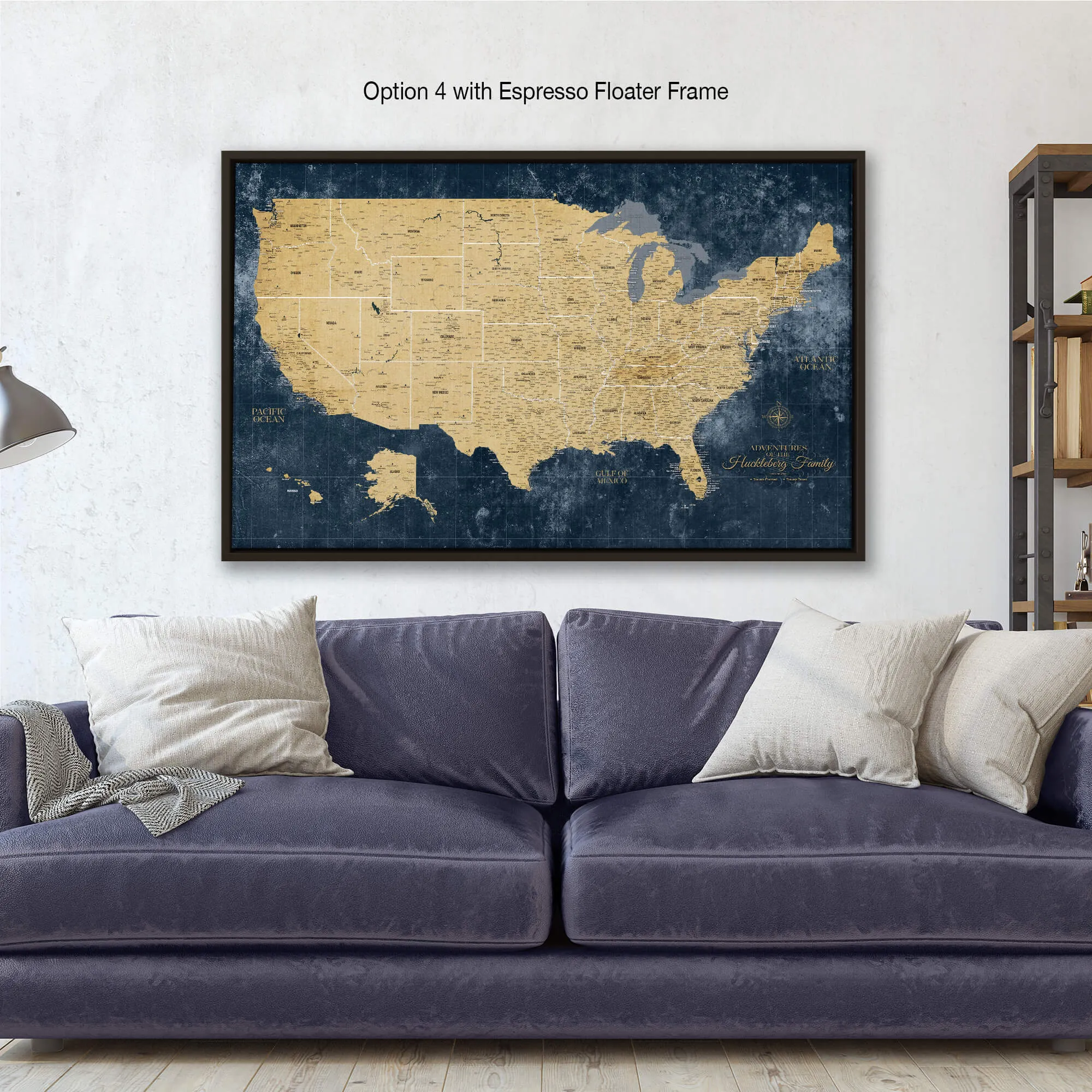 Gold & Navy Textured USA Push Pin Map