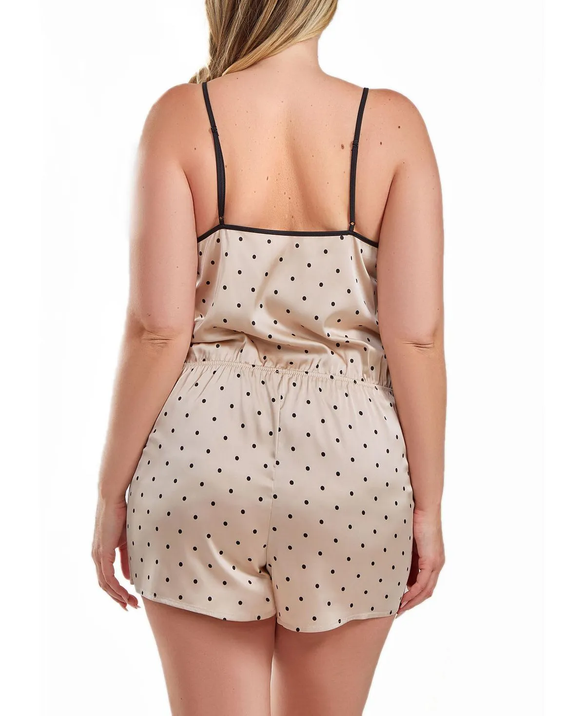 Karin Plus Size Satin Polka Dot Jumpsuit with Lace Button Overlay i  Collection, beige