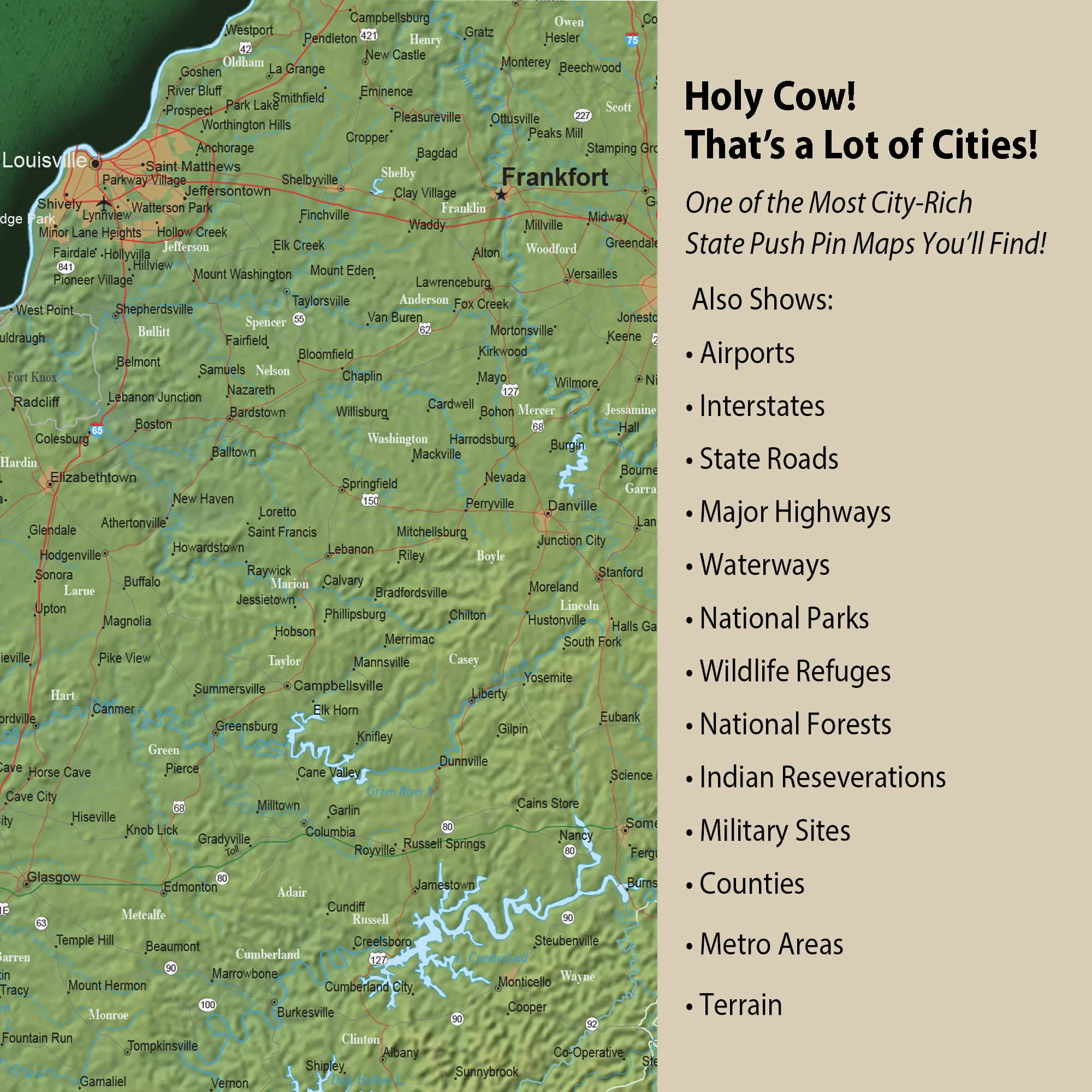 Kentucky Push Pin Terrain Map