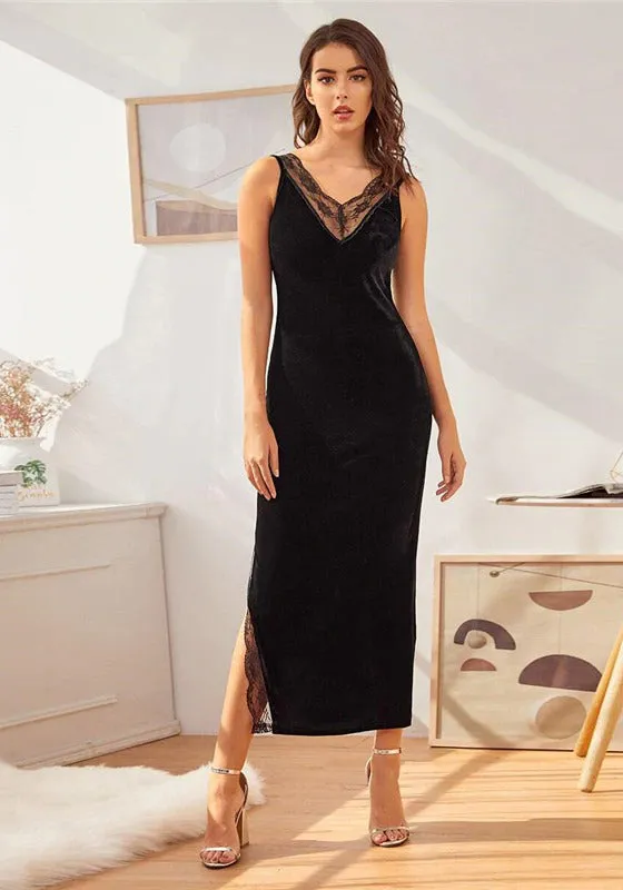 Lace Detail Split Hem V-back Velvet Nightdress