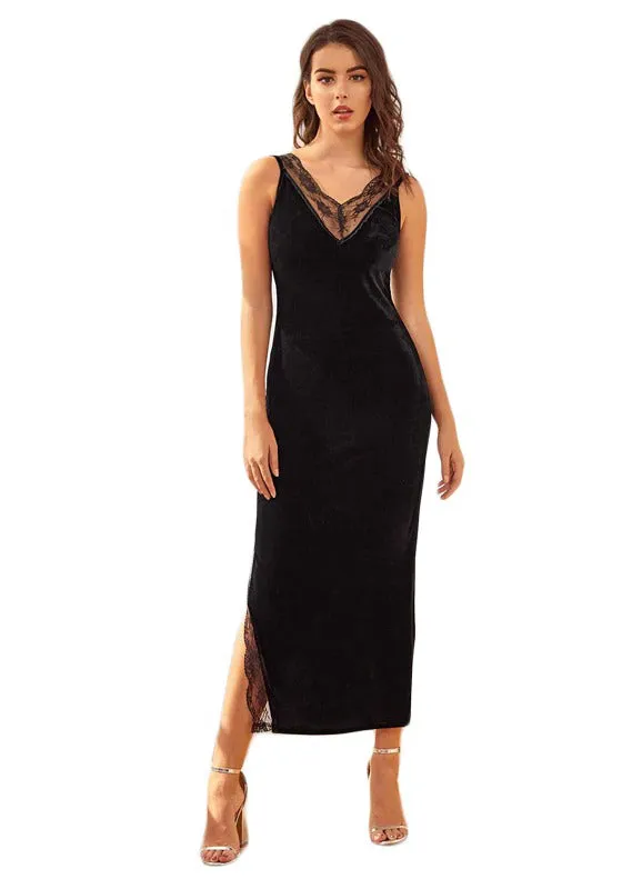 Lace Detail Split Hem V-back Velvet Nightdress