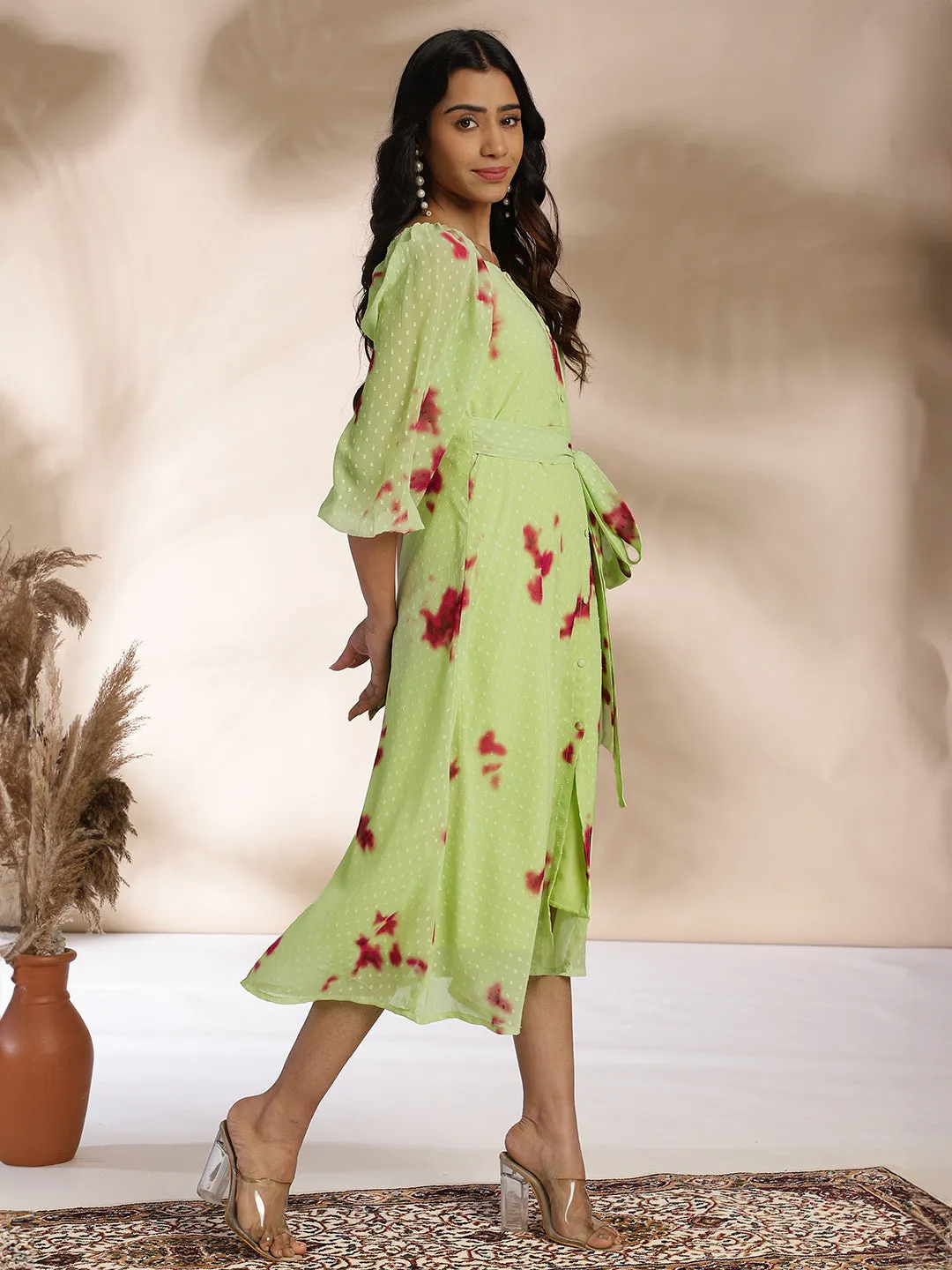 Light Green Dobby Georgette Tie & Dye A-Line Dress