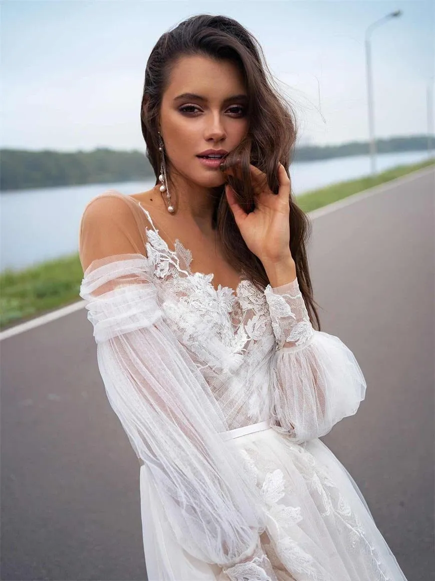 Long Sleeve A-line Sweep Train Bridal Dress