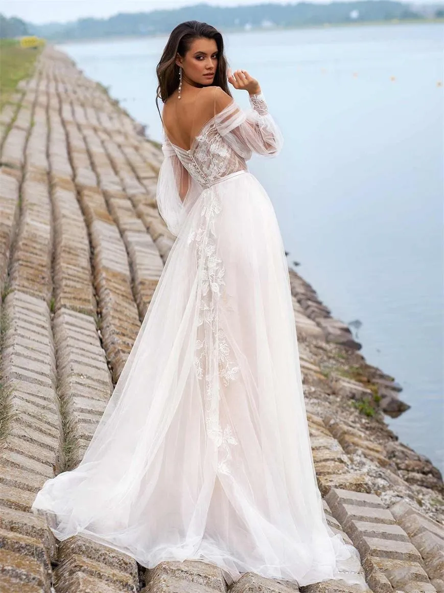 Long Sleeve A-line Sweep Train Bridal Dress