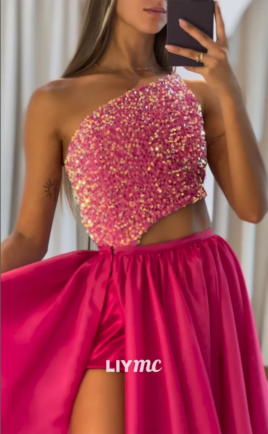 LP1254 - Asymmetric Sequins Draped Two-Piece Long Prom Dresses