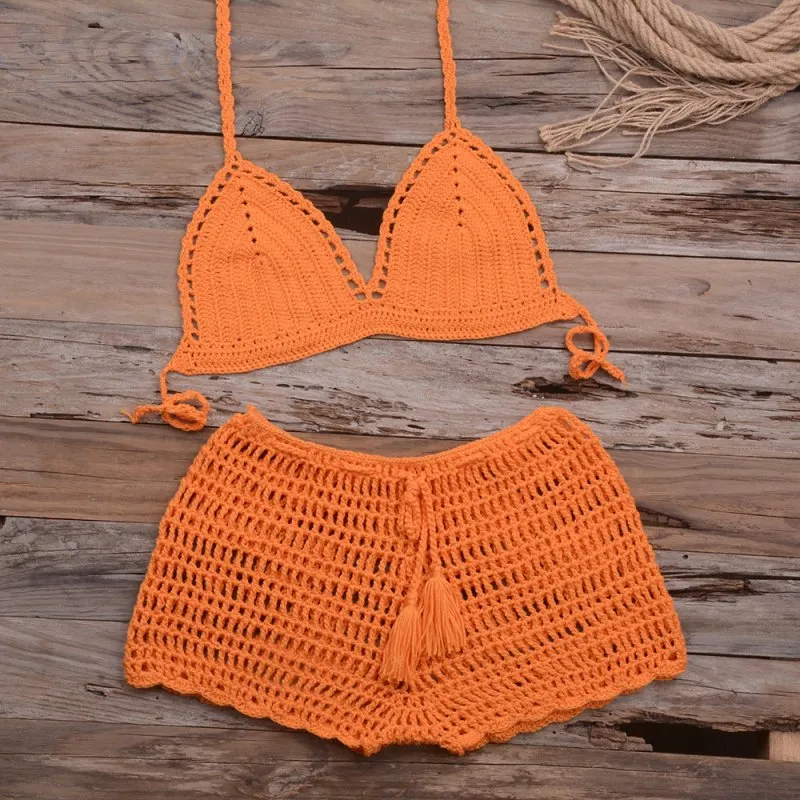 Matching Women Solid Color Sexy Hollow Out Cutout Top Hand-Woven Beach Boyshorts