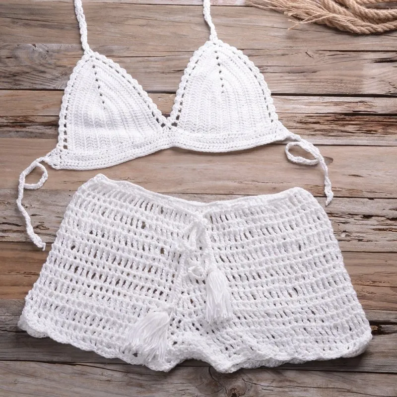 Matching Women Solid Color Sexy Hollow Out Cutout Top Hand-Woven Beach Boyshorts