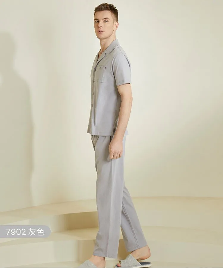 Men's Pure Cotton Lapel Short Sleeved Long Pants Sleepwear Homewear Set