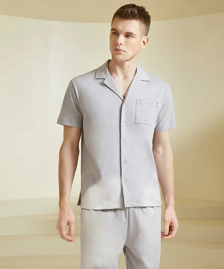 Men's Pure Cotton Lapel Short Sleeved Long Pants Sleepwear Homewear Set