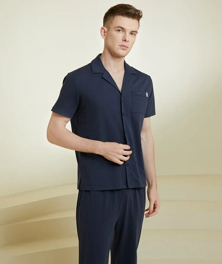 Men's Pure Cotton Lapel Short Sleeved Long Pants Sleepwear Homewear Set