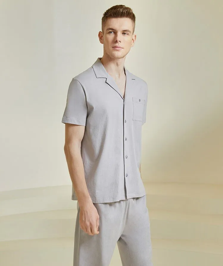 Men's Pure Cotton Lapel Short Sleeved Long Pants Sleepwear Homewear Set