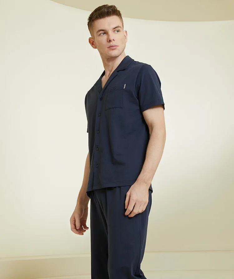 Men's Pure Cotton Lapel Short Sleeved Long Pants Sleepwear Homewear Set