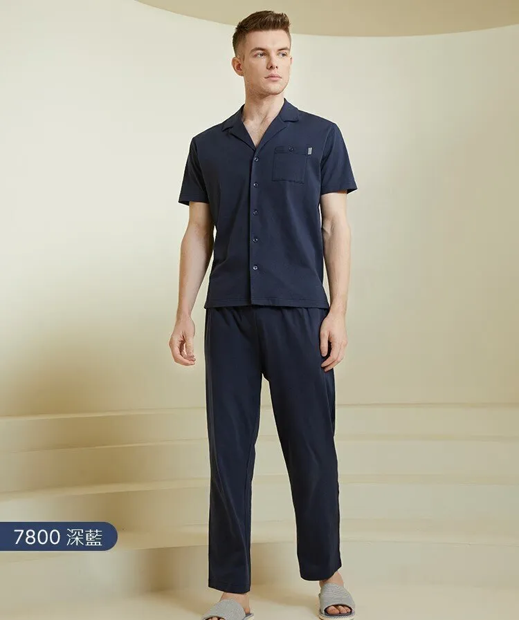 Men's Pure Cotton Lapel Short Sleeved Long Pants Sleepwear Homewear Set