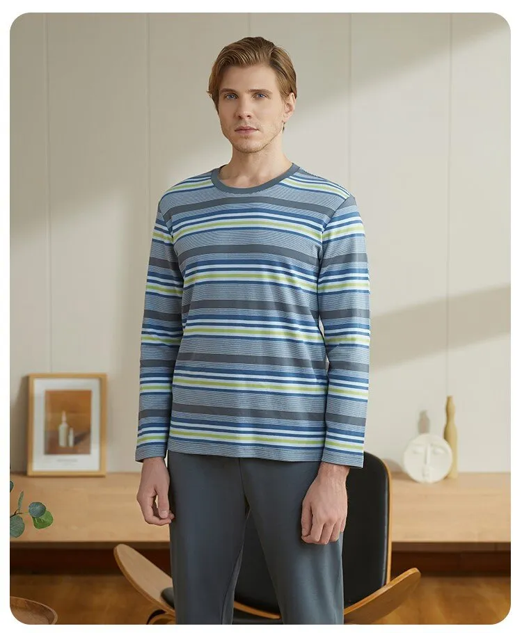 Men's Pure Cotton Striped Long Sleeved Casual Sleepwear Set