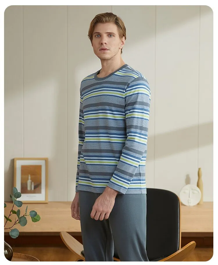 Men's Pure Cotton Striped Long Sleeved Casual Sleepwear Set