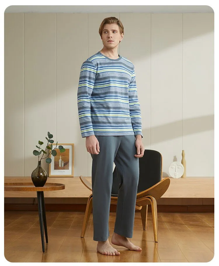 Men's Pure Cotton Striped Long Sleeved Casual Sleepwear Set