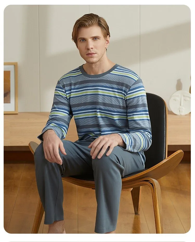 Men's Pure Cotton Striped Long Sleeved Casual Sleepwear Set