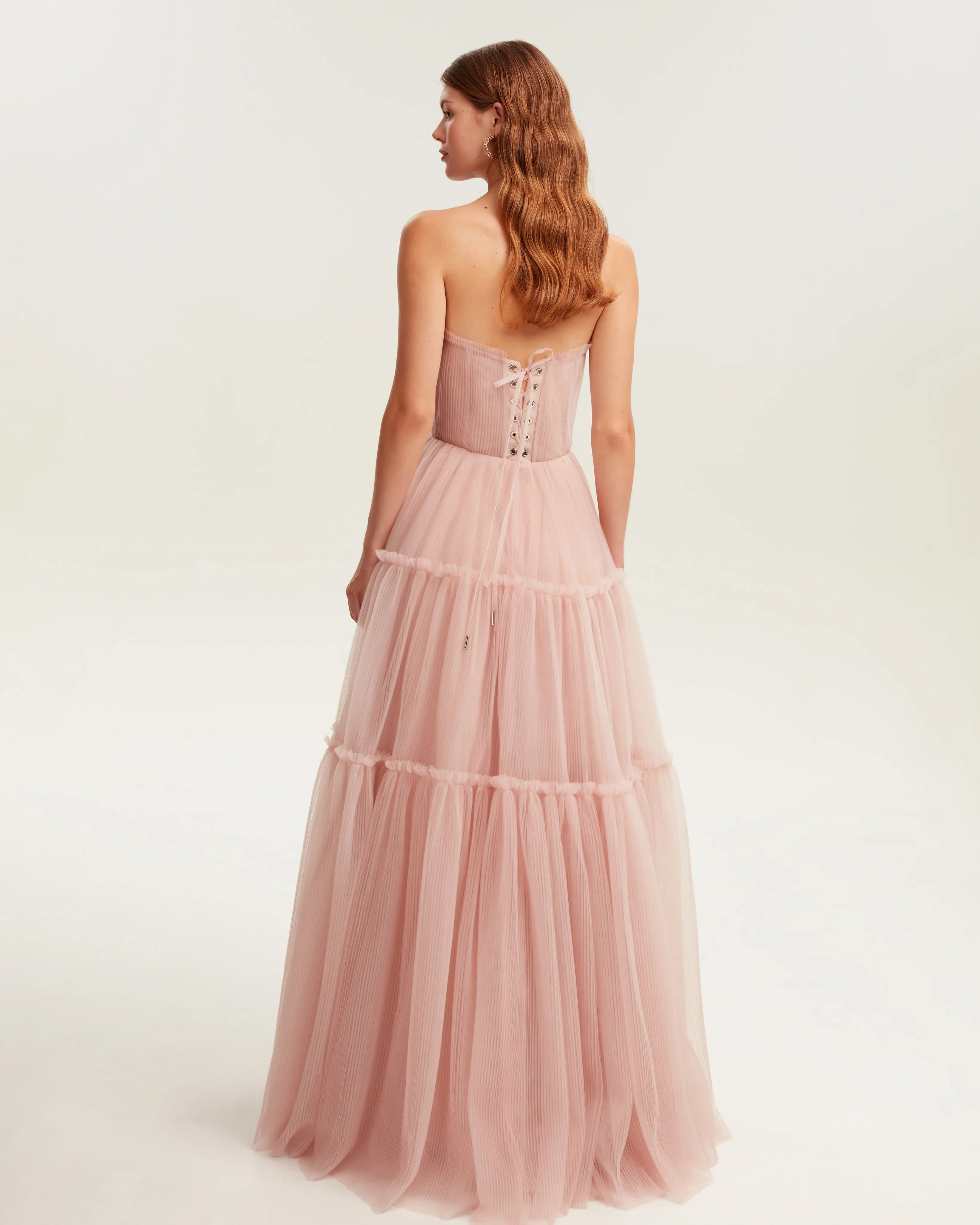 Misty rose tulle maxi dress with ruffled skirt, Garden of Eden