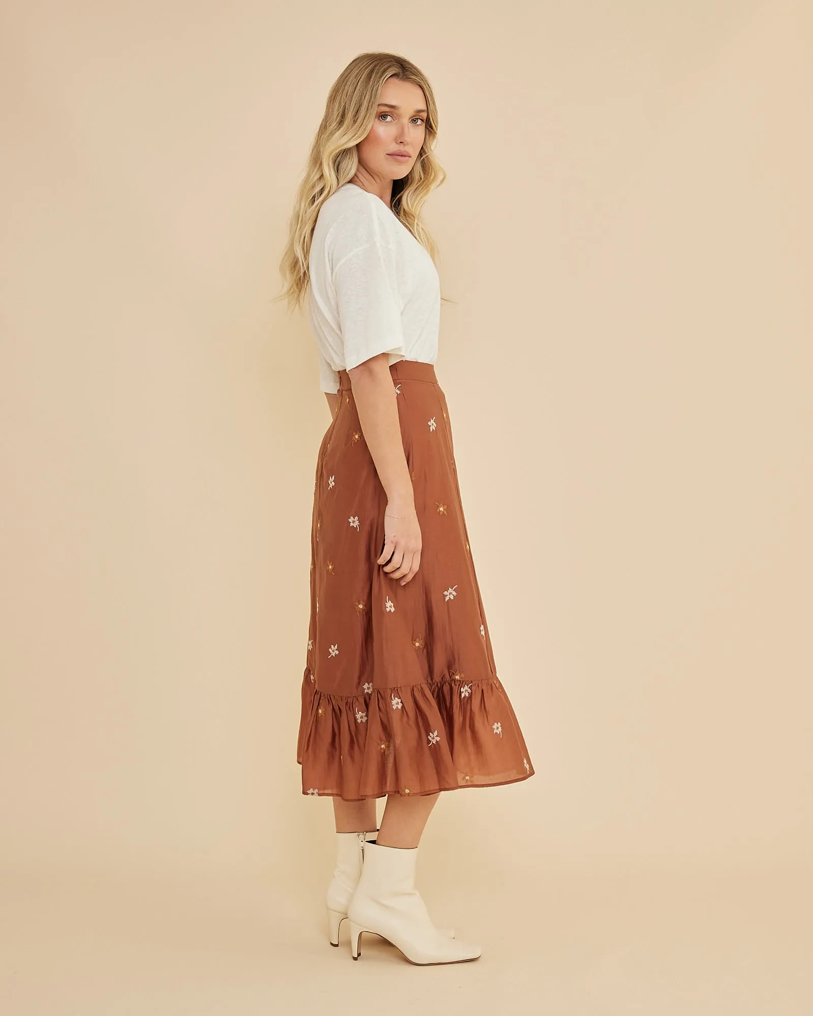 Monique Cross Stitch Midi Skirt - Rust