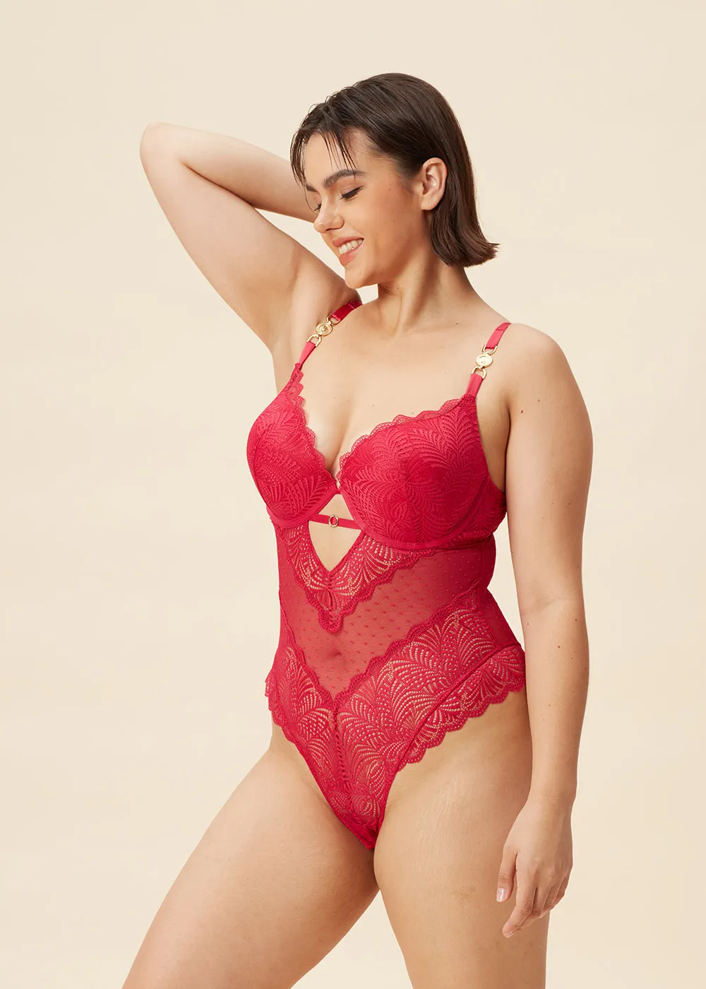 OLIVIA Plus Sexy Push-Up Mesh Berry Red Lace Bodysuit