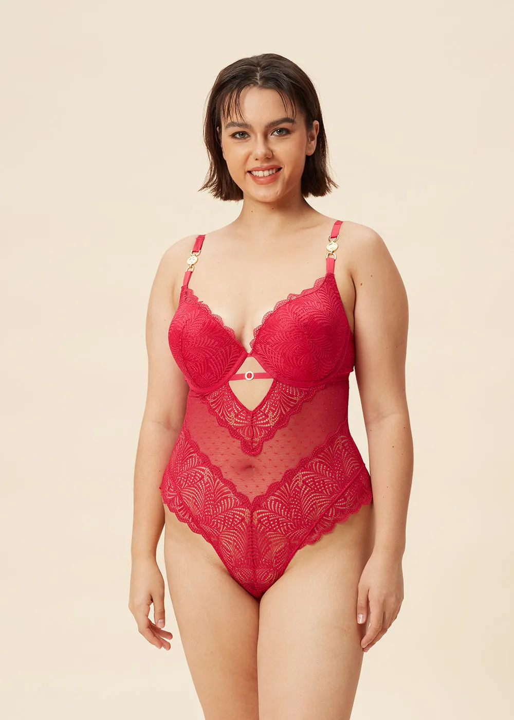 OLIVIA Plus Sexy Push-Up Mesh Berry Red Lace Bodysuit