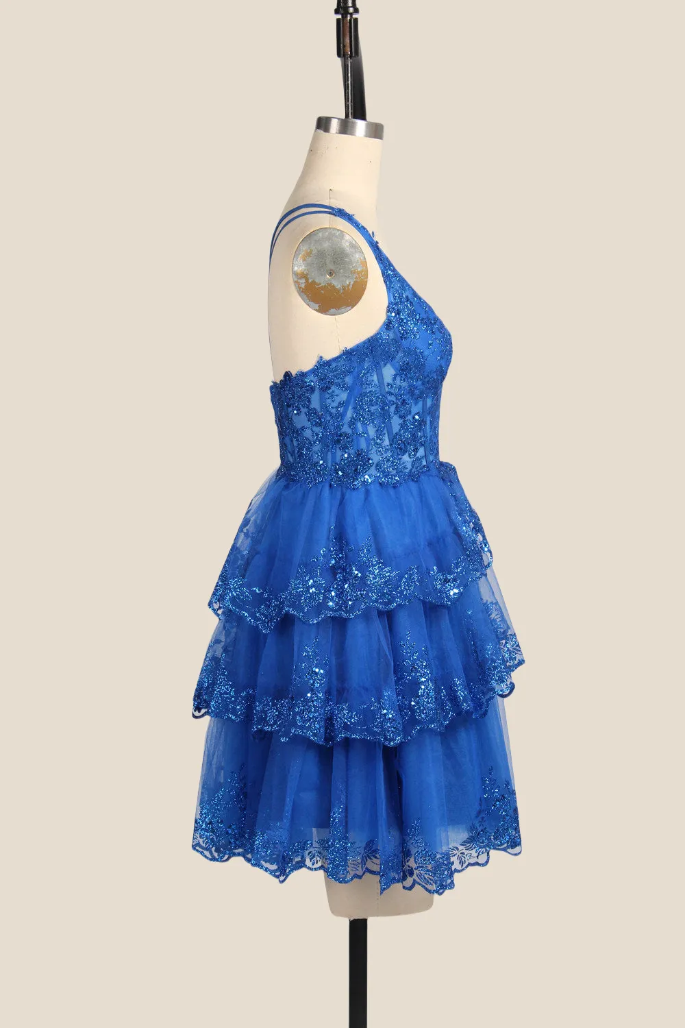 One Shoulder Royal Blue Sequin Tiered Short Dress