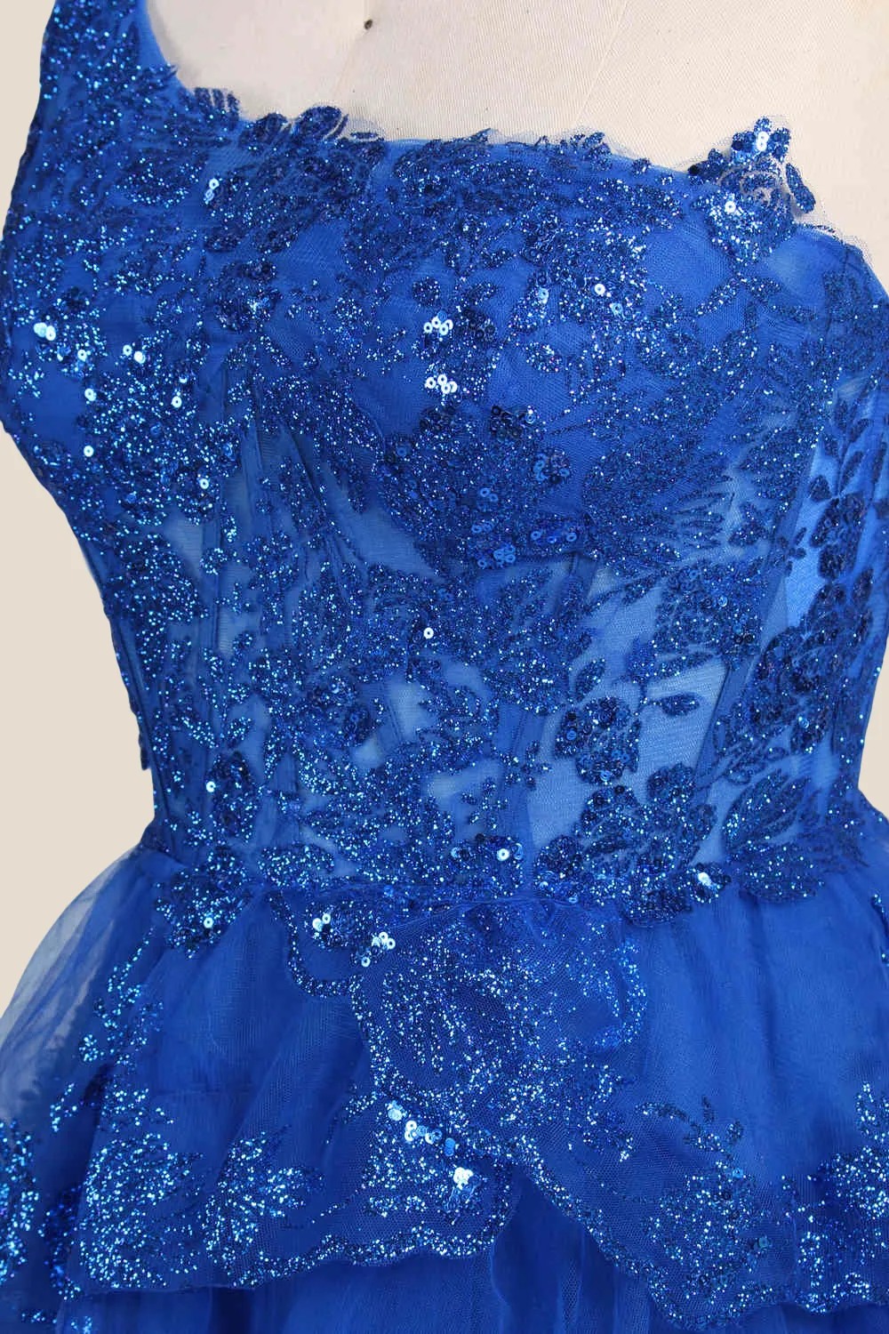 One Shoulder Royal Blue Sequin Tiered Short Dress