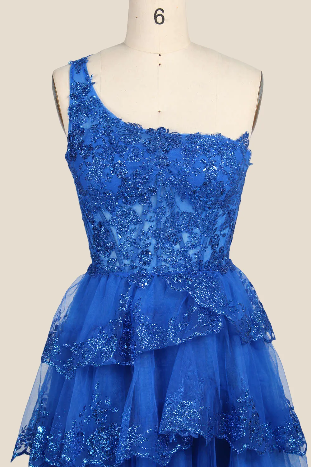 One Shoulder Royal Blue Sequin Tiered Short Dress