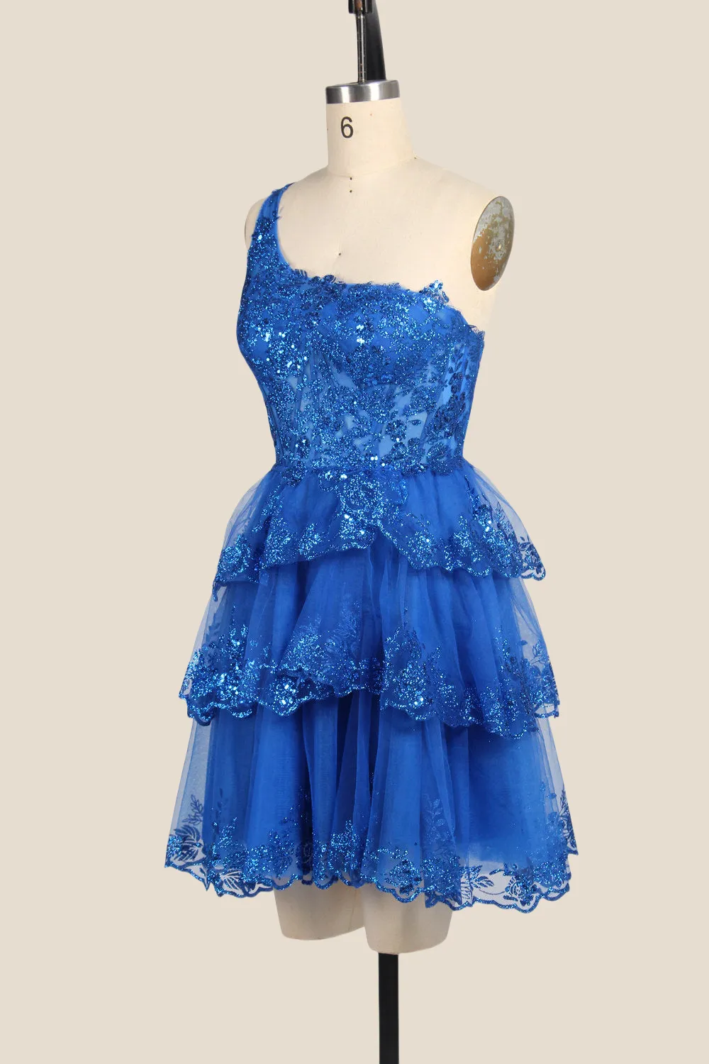 One Shoulder Royal Blue Sequin Tiered Short Dress