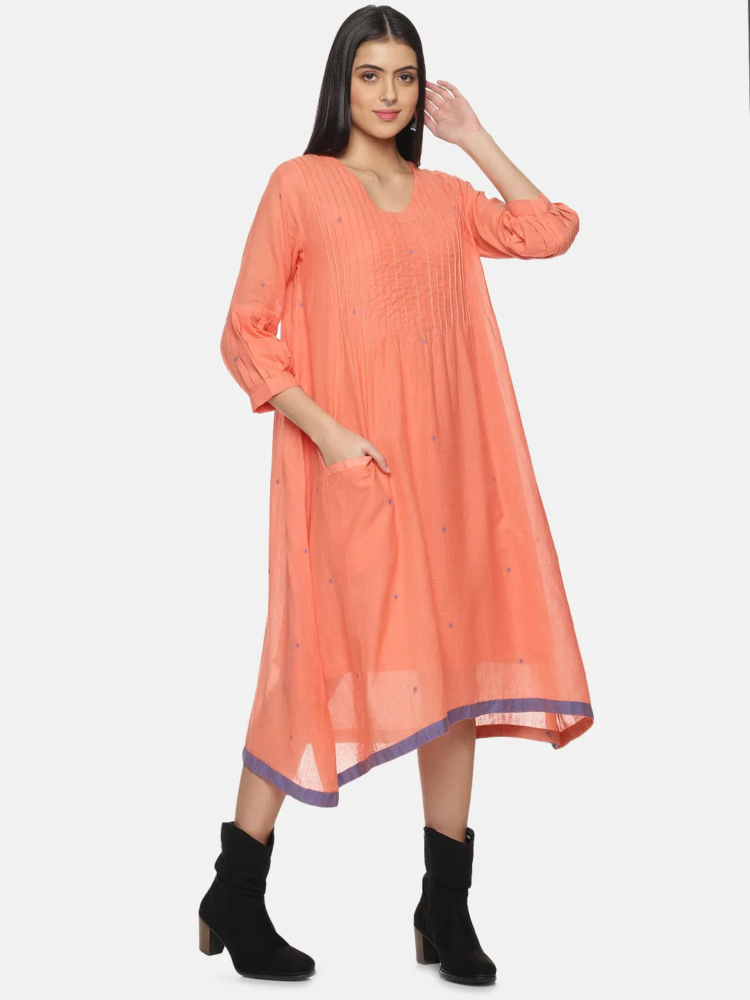 Peach A-line Jamdani Dress