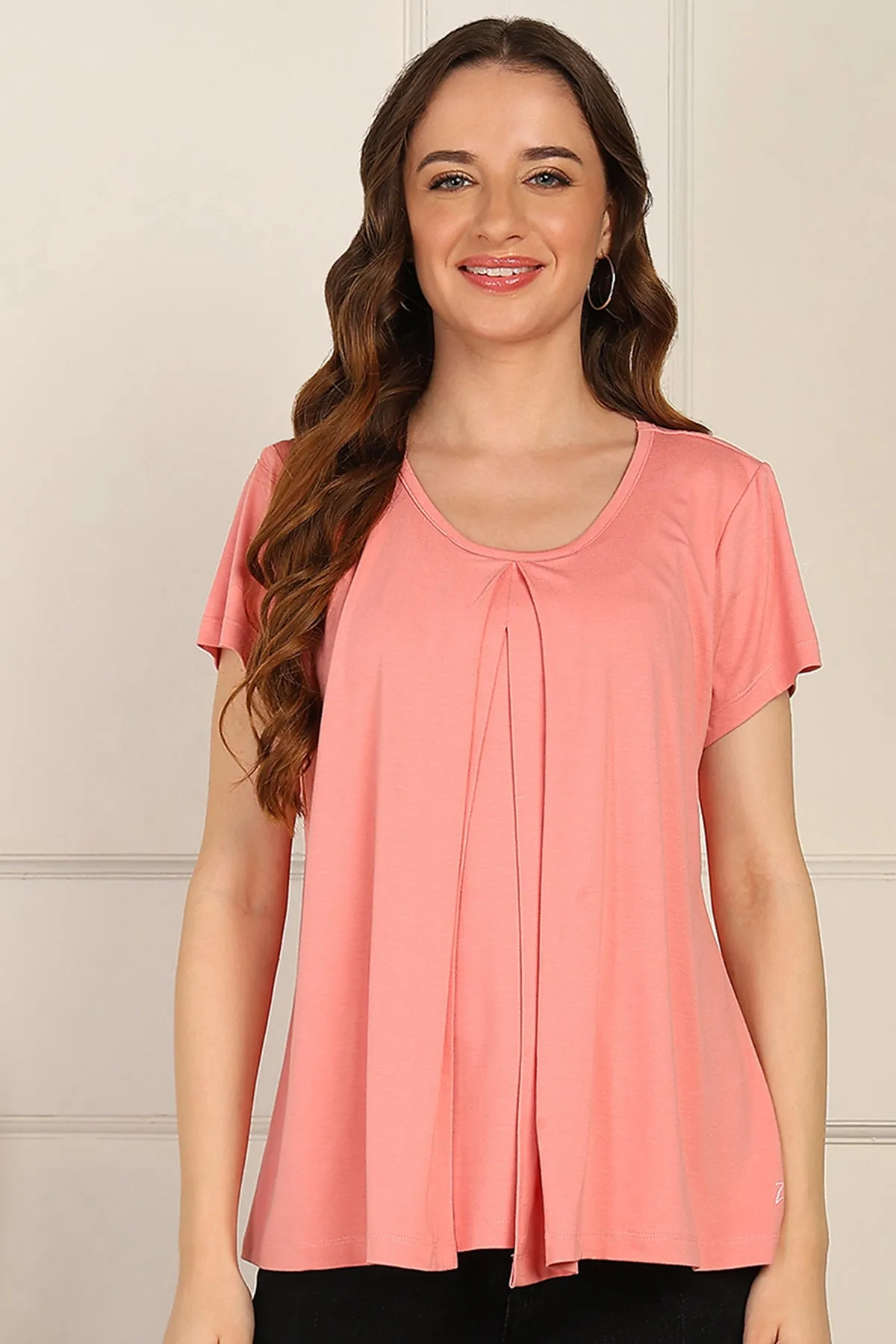 Peach Front & Back Pleated Zipless Nursing Top