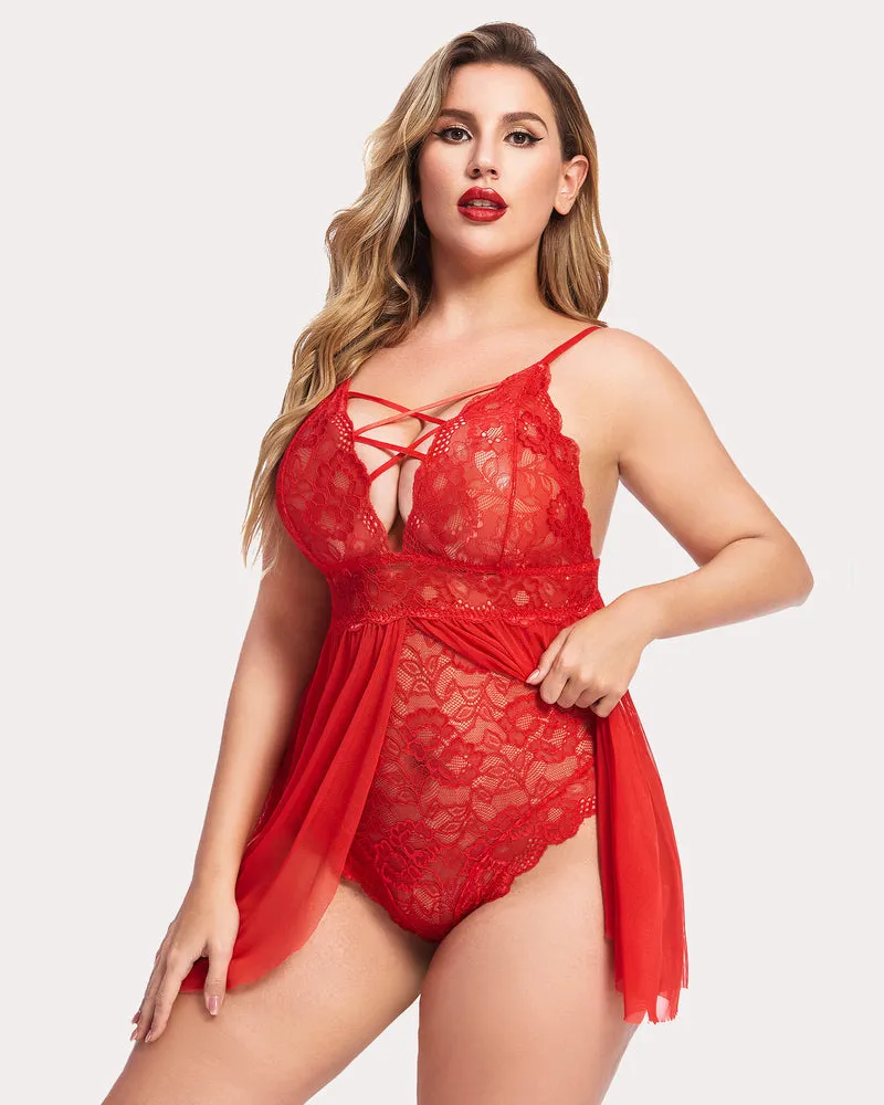 Plus Size Snap Crotch V Neck Lace Nighty